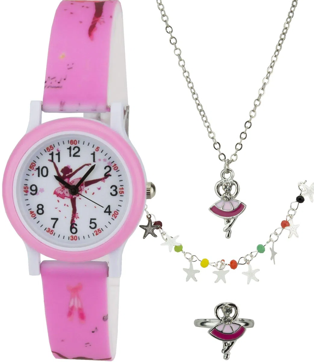 Cofanetto Orologio Ragazza Rosa- Parure di gioielli Ballerino - Collana-Anello- Cinturino