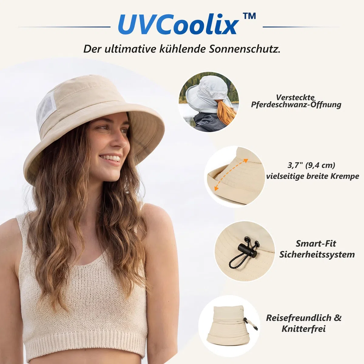 TOP-EX UVCoolix™ - Cappello da sole rinfrescante da donna con coda di cavallo, UPF 50, tesa larga, cappello da pescatore per protezione UV, impermeabile, cappello a secchiello con sottogola