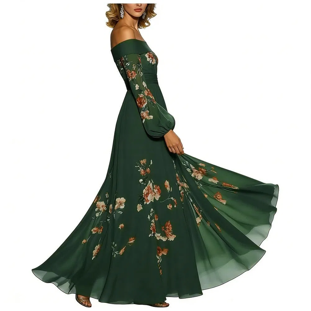 Minetom Donna Vestiti Lunghi da Matrimonio Elegante Collo V Vestito A Pieghe Stampa Floreale Chiffon Abito Maxi Damigella Sera Cerimonia