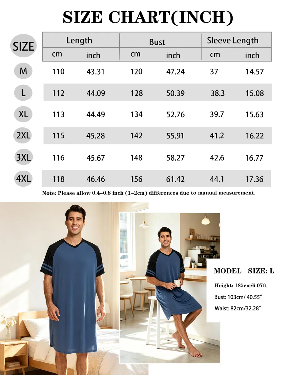 Camicia Notte Uomo Pigiami Estivi Maglia Lunga da Notte Maniche Corte per Estate