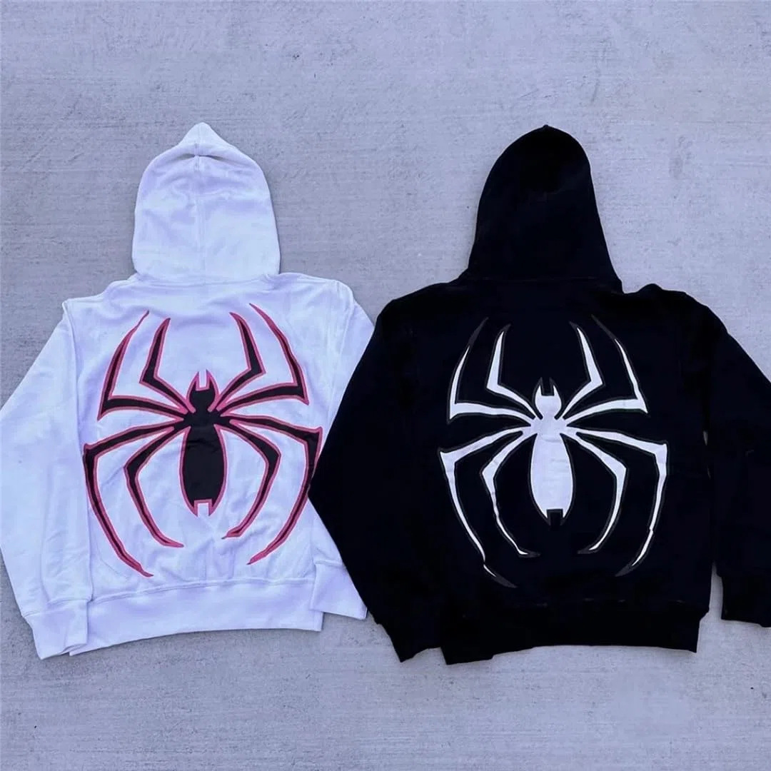 Felpa con Cappuccio Oversize Spider da Uomo Grunge Vintage Y2K Clothes Full Zip Spider Web Printing Vintage Gothic Sweatjacke Unisex