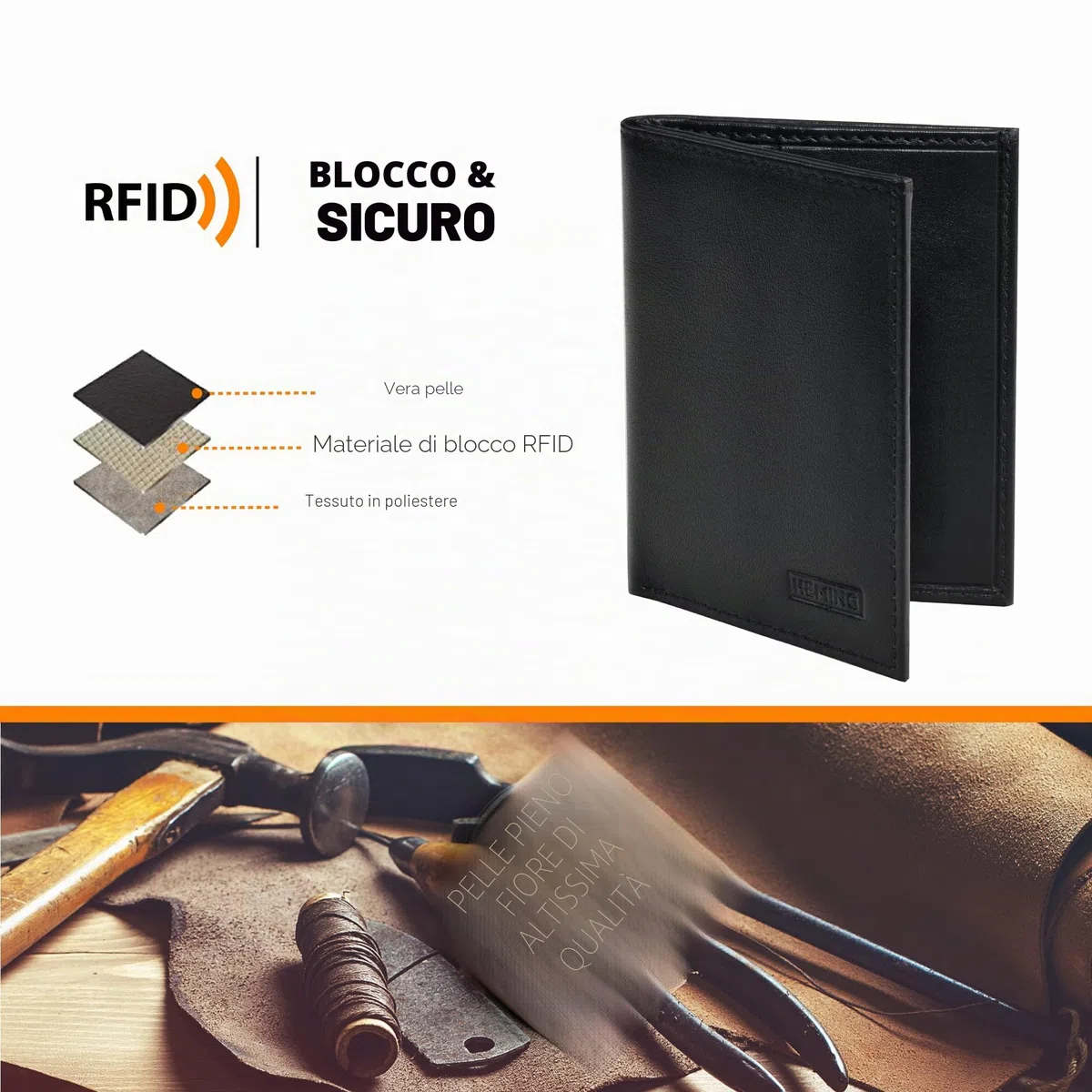 HEMING Portafoglio uomo slim nero - 100% pelle - piccolo sottile - Porta soldi e carte di credito - Portacarte - compatto