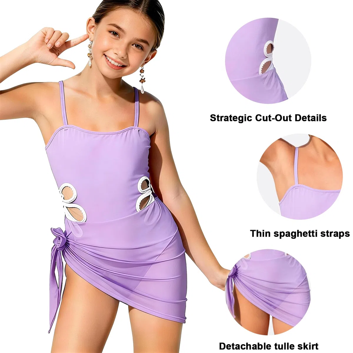 Okdance Costume da bagno intero per ragazze con gonna a tinta unita ad asciugatura rapida Costume da bagno per ragazze con spalline regolabili