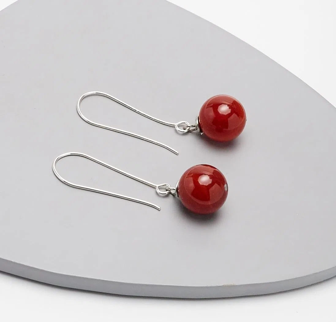 Orecchini Pendenti in Argento Sterling con Pietre Naturali Fatte a Mano per Donna - Orecchini con Perle a Sfera da 12mm per Ragazze (agata rossa)