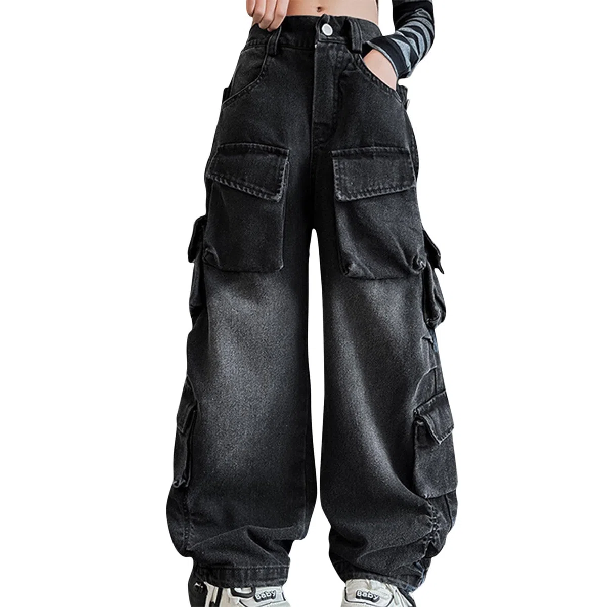 Jeans cargo personalizzati per ragazze pantaloni larghi in denim hip hop multi tasche per bambini gamba larga elastico in vita jeans a vita alta pantaloni in denim estetico alla moda