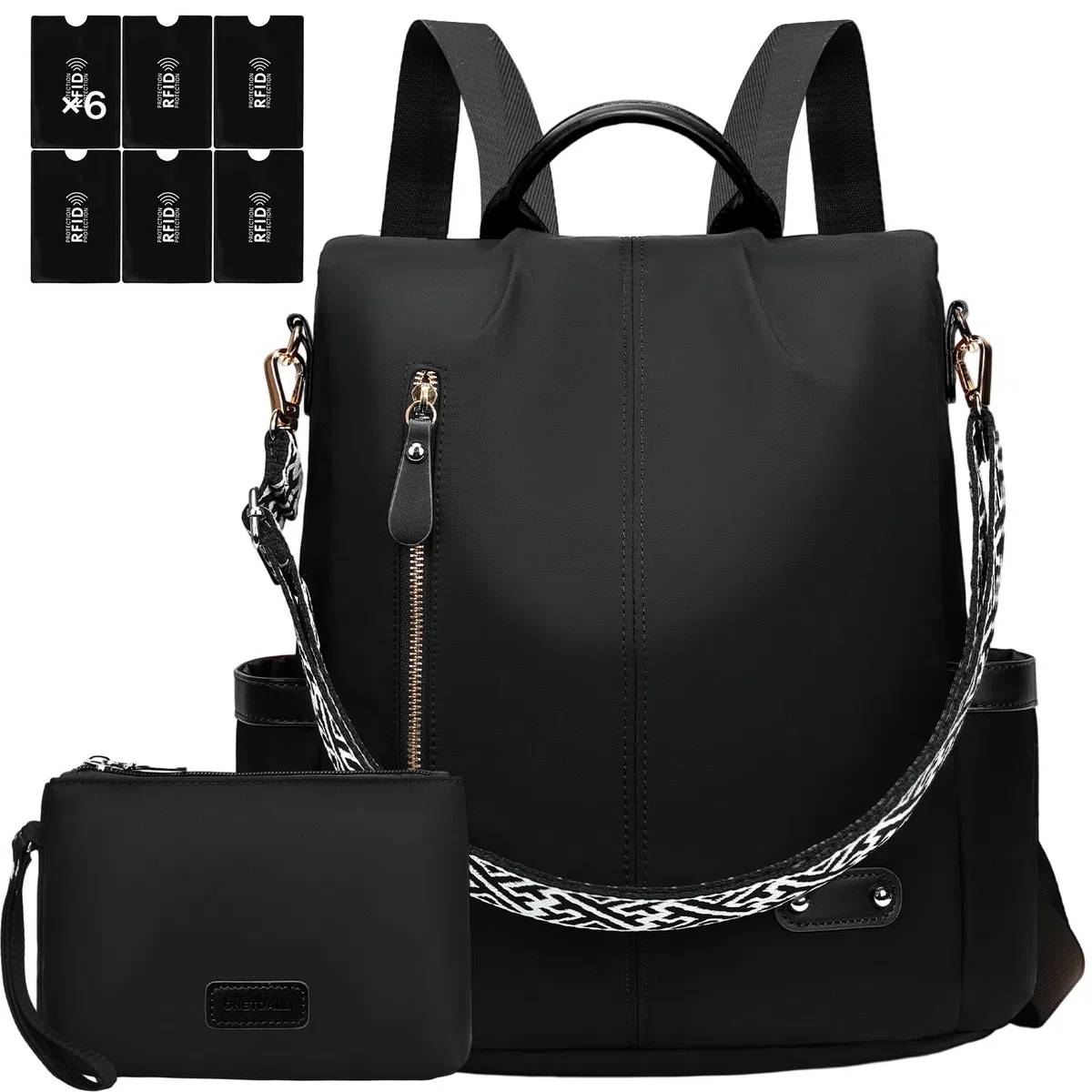Zaino Antifurto Donna, Borsa Zaino Donna Elegante, Zainetto in Nylon, Zaini Piccola Casual Impermeabile con Custodie RFID, Convertibile da Spalla, Mano e Tracolla per Lavoro Viaggi Sportivo Scuola