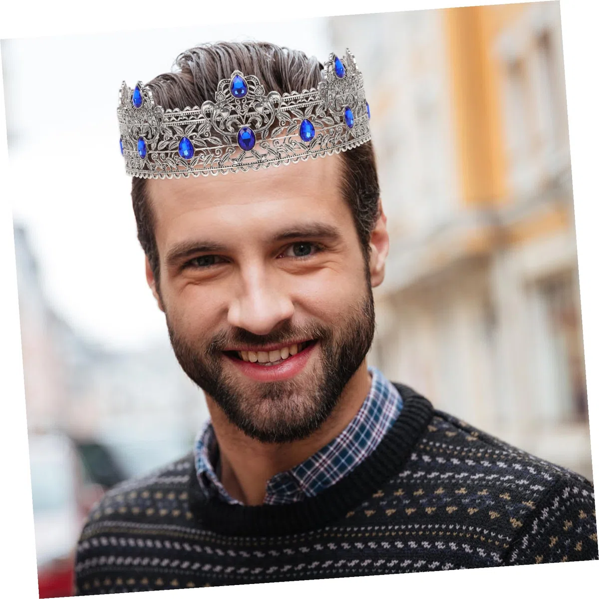 Corona Barocca Argento per Uomo Decorazioni di Strass, Lega di Zinco Leggera, Design Unico Europeo per Feste Teatrali e Compleanni