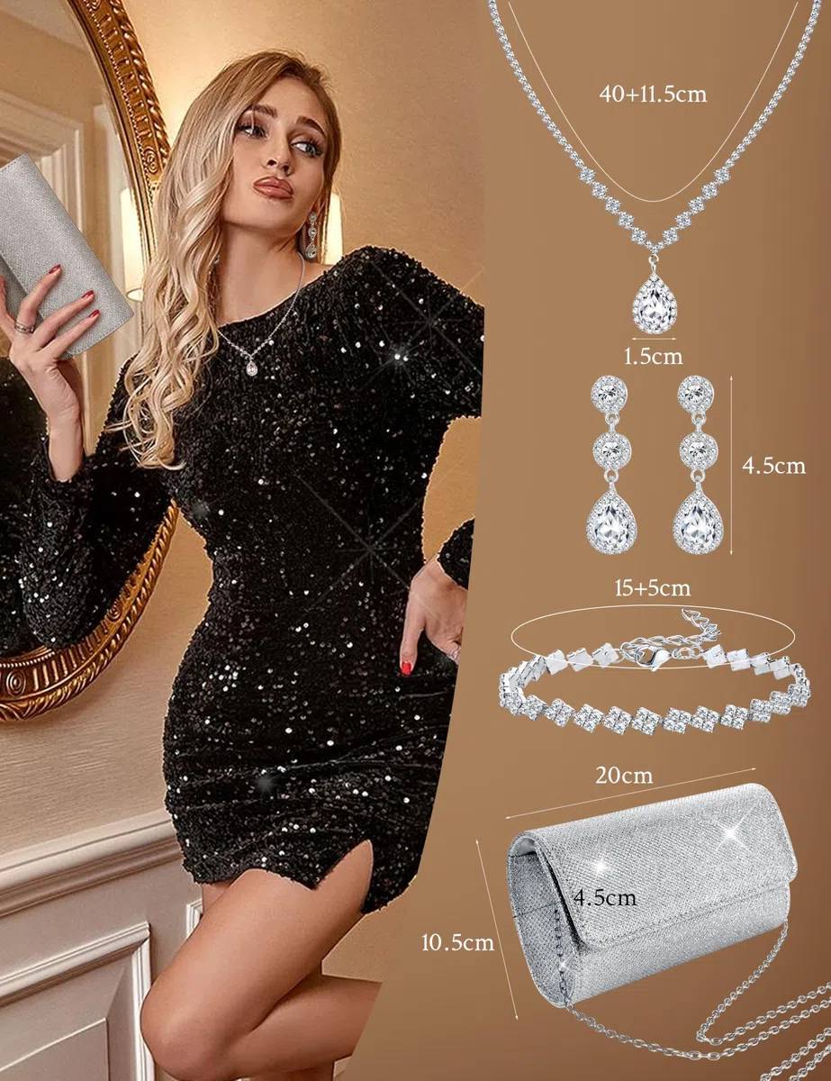 JeryWe 4Pcs Sliver frizione borsa gioielli set per le donne sera strass borsa di cristallo collana orecchini bracciali Set accessori d'argento per le donne sposa gioielli