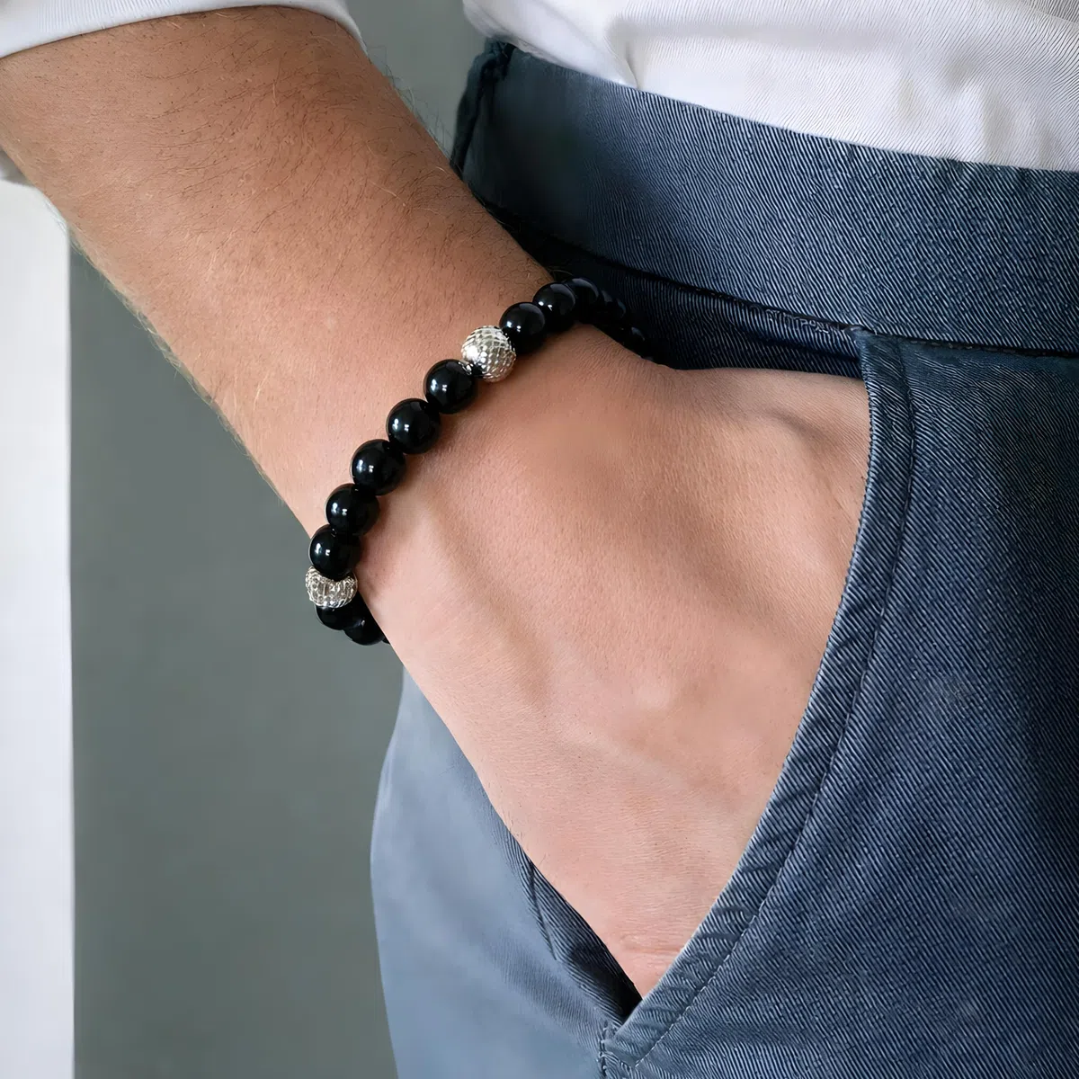 10:10 Bracciale Uomo Donna Tormalina Nera Naturale 6 mm – Beads in Acciaio Inox, Braccialetto Regolabile, Comodo e Resistente all’Acqua – Idea Regalo, Made in Italy