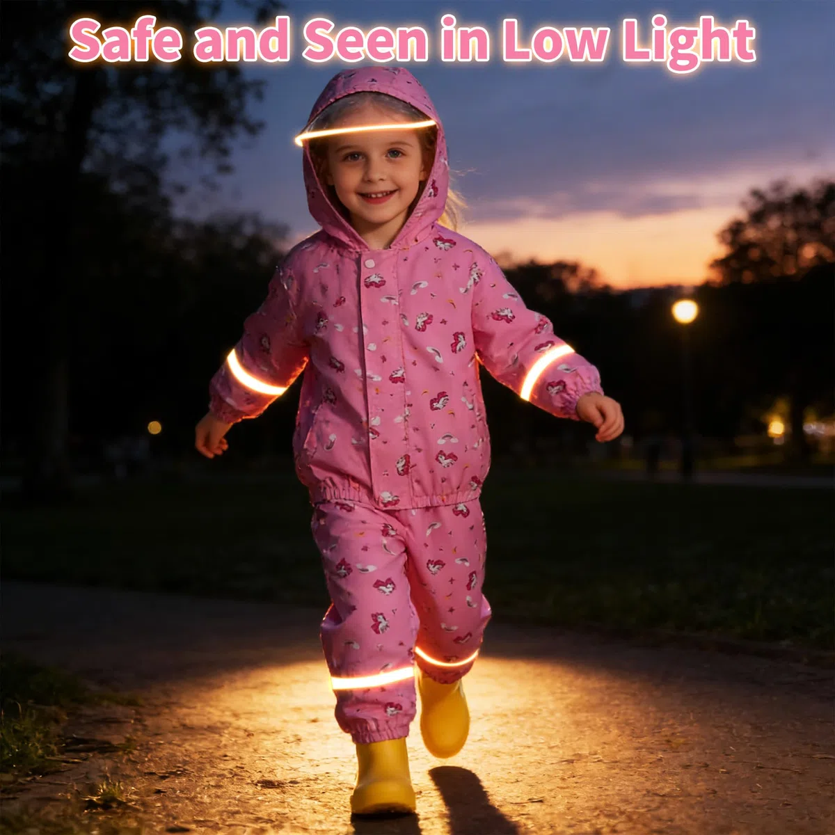 JinBei Tuta Impermeabile Bambino Leggero Tuta Pioggia Bambina con Cappuccio Traspirante Pantaloni e Giacca Antipioggia Impermeabili Spezzata con Strisce Riflettenti per Matsch Outdoor 1-7 Anni