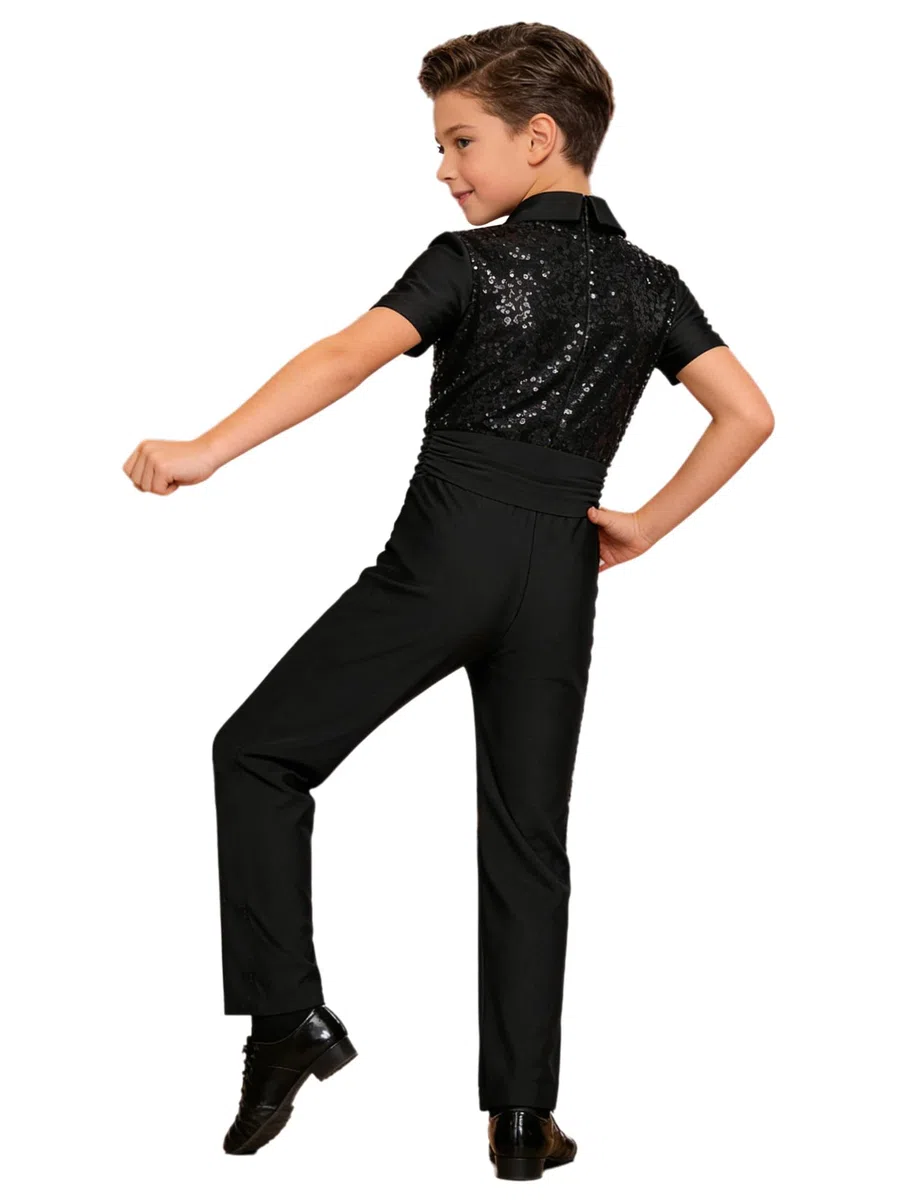 inhzoy Camicia Body Ballo Latino Americano Bambini e Ragazzi Body da Ginnastica Artistica Manica Corta Tuta Intera da Pattinaggio Artistico Jumpsuit con Paillettes Dancewear