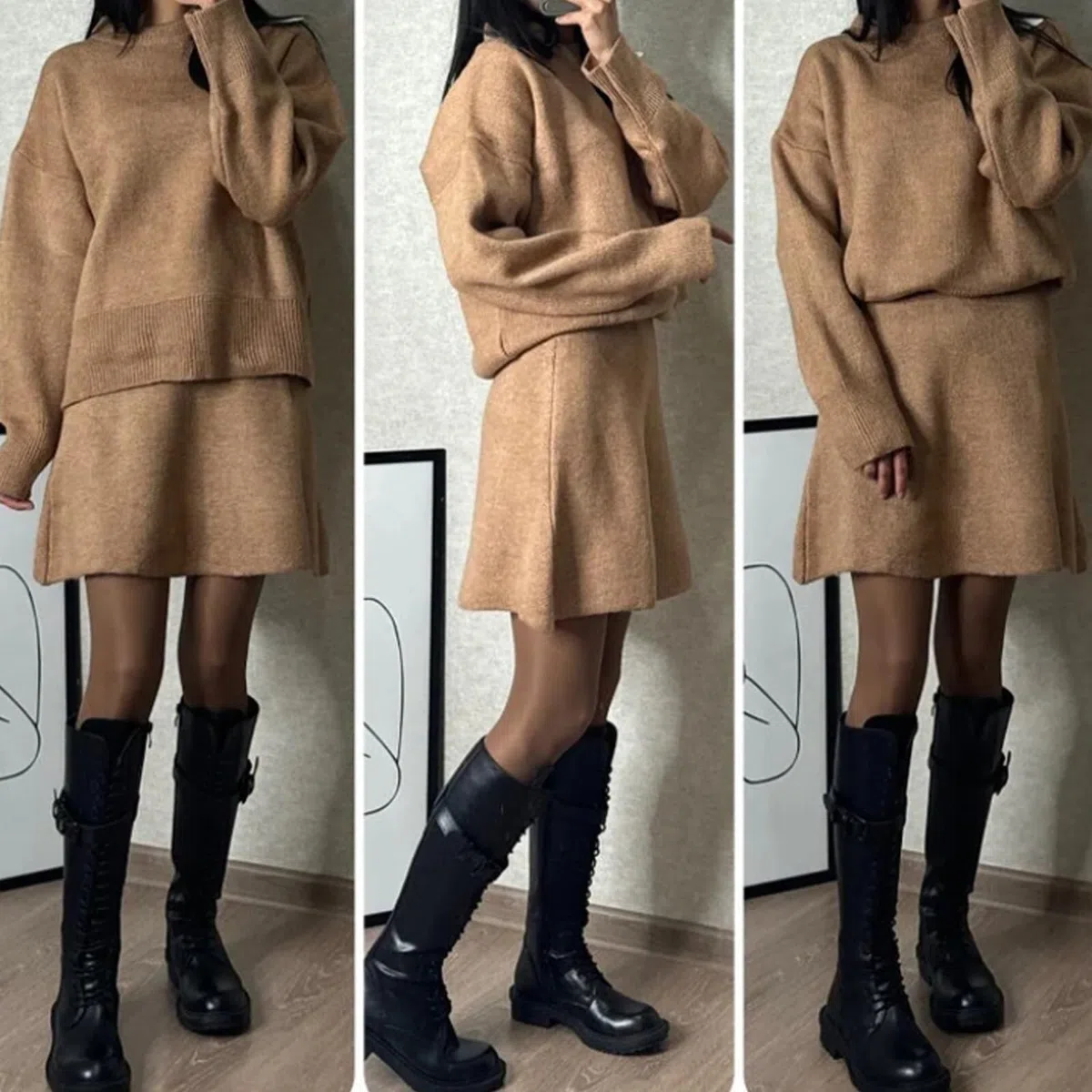 Autunno Nuovo Set di Abiti in Maglia Casual Tinta Unita Stile College, 2024 Top Corto a Maniche Lunghe Mini Gonne in Maglia Completi, Set Maglione 2 Pezzi, Set Casual Maglione in Maglia Largo