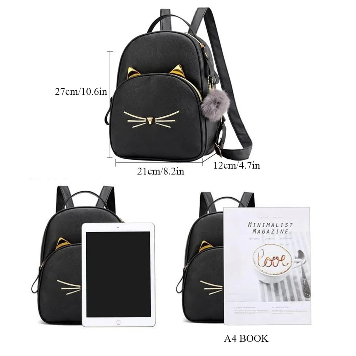 Borsa A Tracolla Per Zaino Carino Gatto Cartone Animato Per Donna Borsa A Tracolla In Pelle PU Con Zaino Per Il Tempo Libero (Nero)
