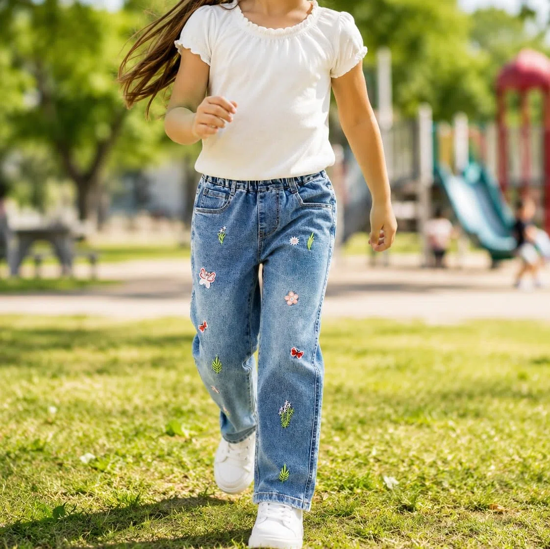 KIDSCOOL SPACE Jeans Ricamati da Bambina,Pantaloni con Fondo in Denim Elasticizzato in Vita da Bambina