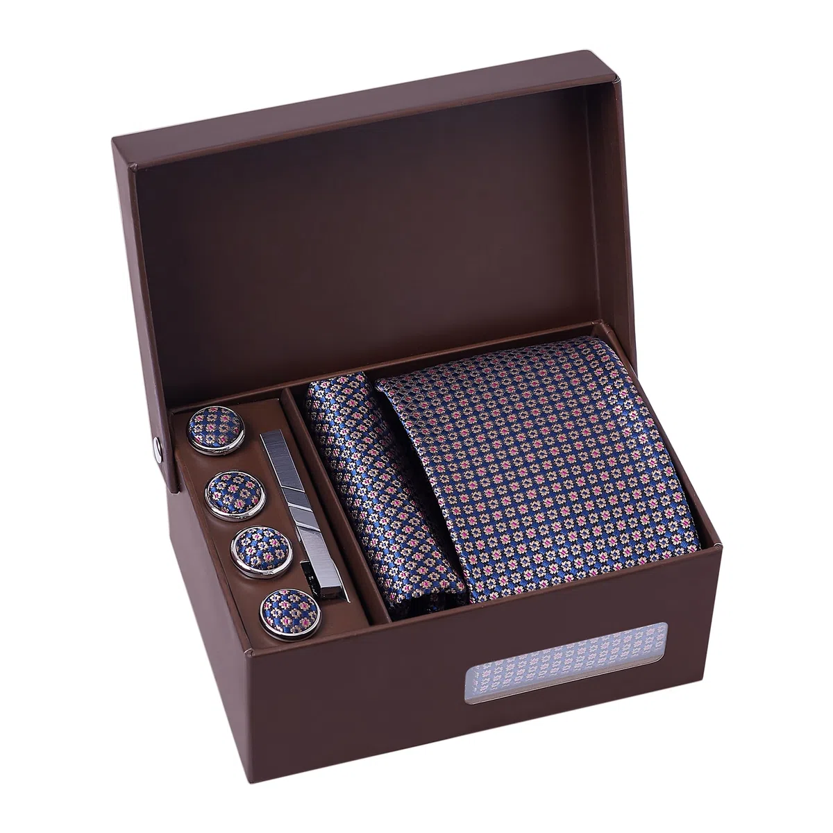 5 Pezzi Cravatta Uomo elegante + Fazzoletto da taschino uomo + Gemelli + Copribottoni + Fermacravatta, Set uomo con confezione regalo