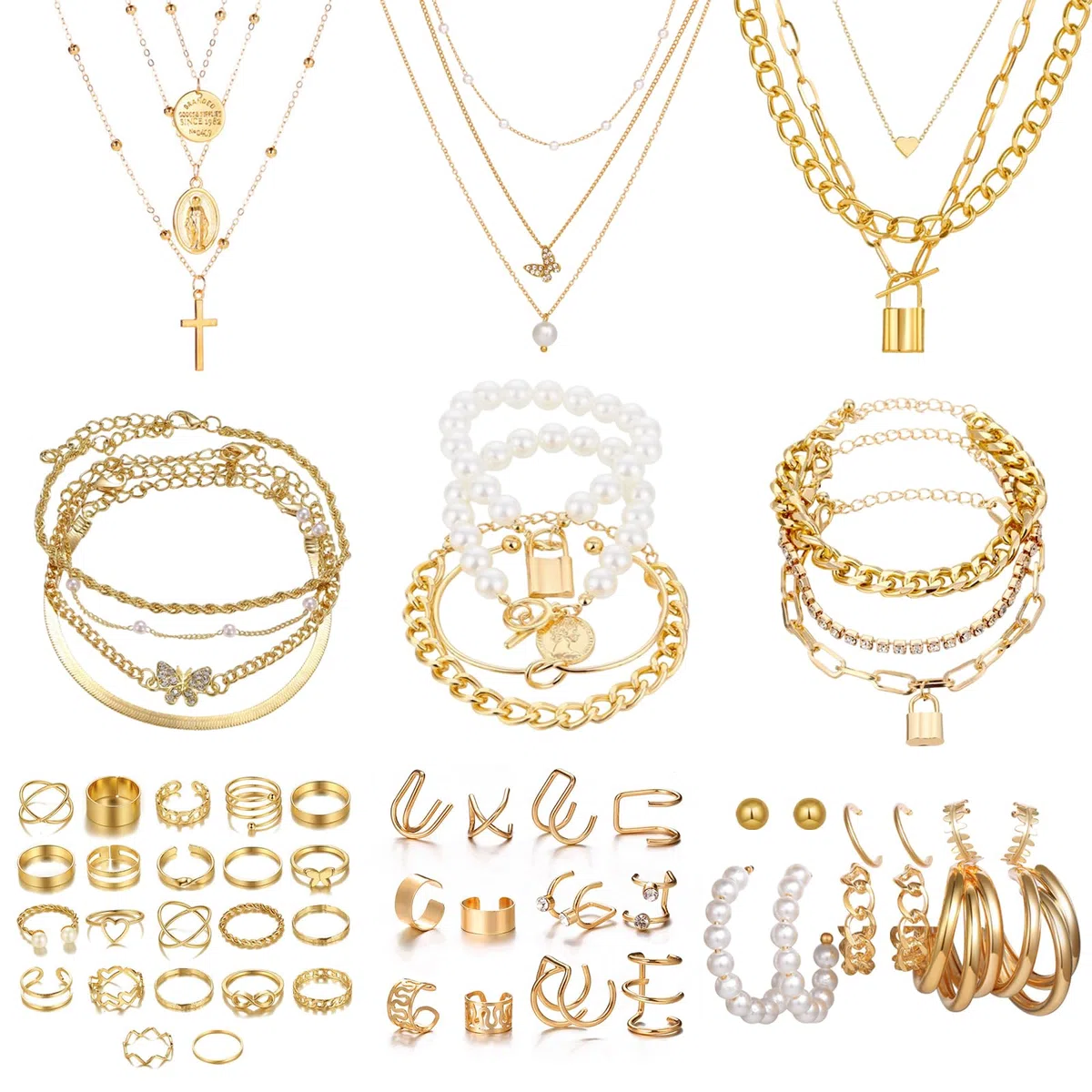 JSTHHTT 60 Pezzi Oro Parure Gioielli per Donna, Gioielli Oro Per Donne Ragazze, oOro Collana Dorata Set Bracciali e Bigiotteria, per Donne Ragazze Uso Quotidiano e Occasioni Festive Gioielli