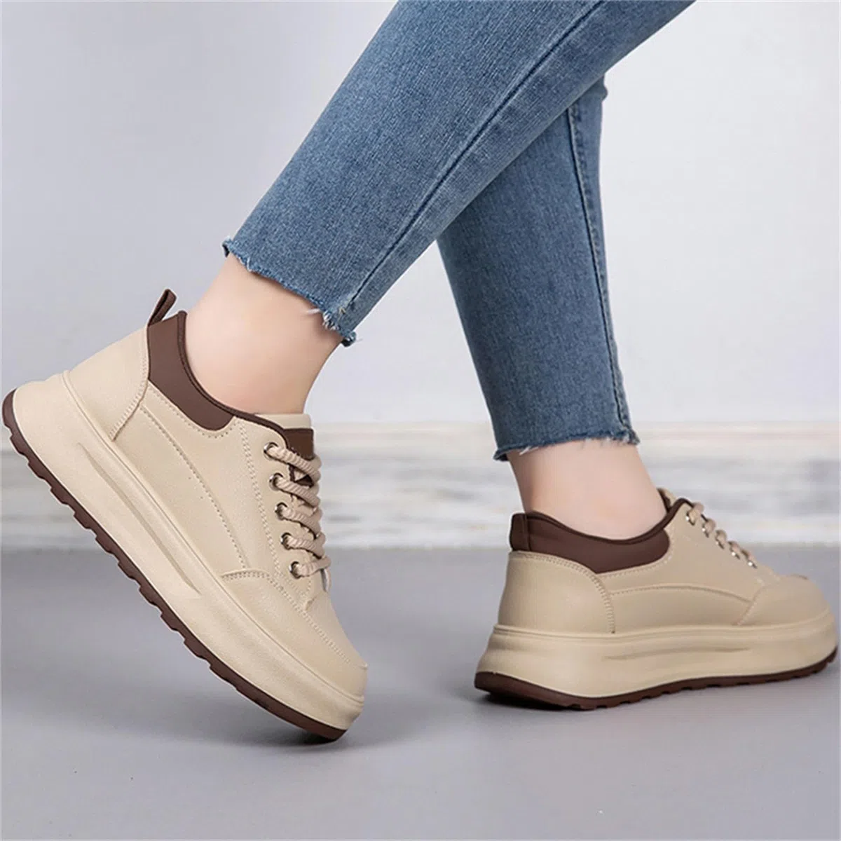 Chunky, scarpe da ginnastica da donna, con plateau, scarpe da ginnastica da donna, con punta rotonda, in pelle, leggere, comode, antiscivolo, per il tempo libero
