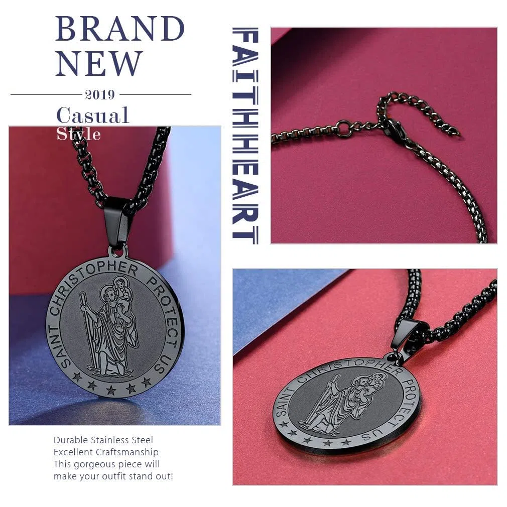 FaithHeart Collana Religiosa Santo San Cristoforo Collana Uomo 3D Rilievo Rotondo Ovale Amuleto Talismano in 316L Acciaio Impermeabile Antiruggine 55+5 CM Catena Impresa
