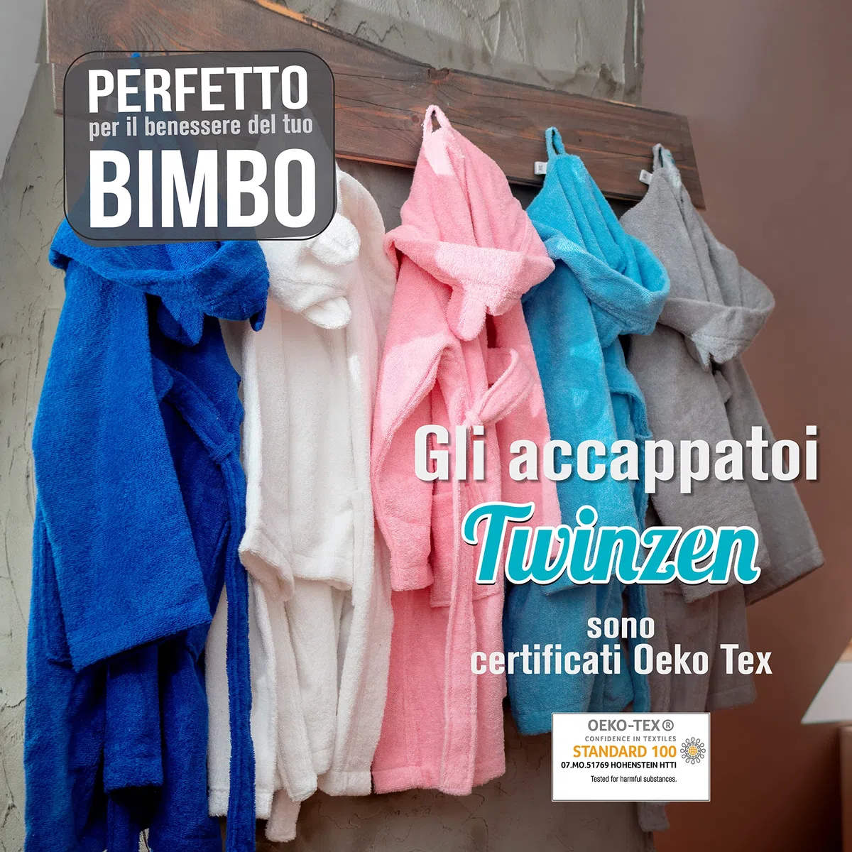 Twinzen - Accappatoio Bambini Cotone : Ragazzo e Ragazza - 100% Cotone OEKO-TEX® Senza Prodotti Chimici - 2 Tasche, Cintura, Cappuccio con Orecchie
