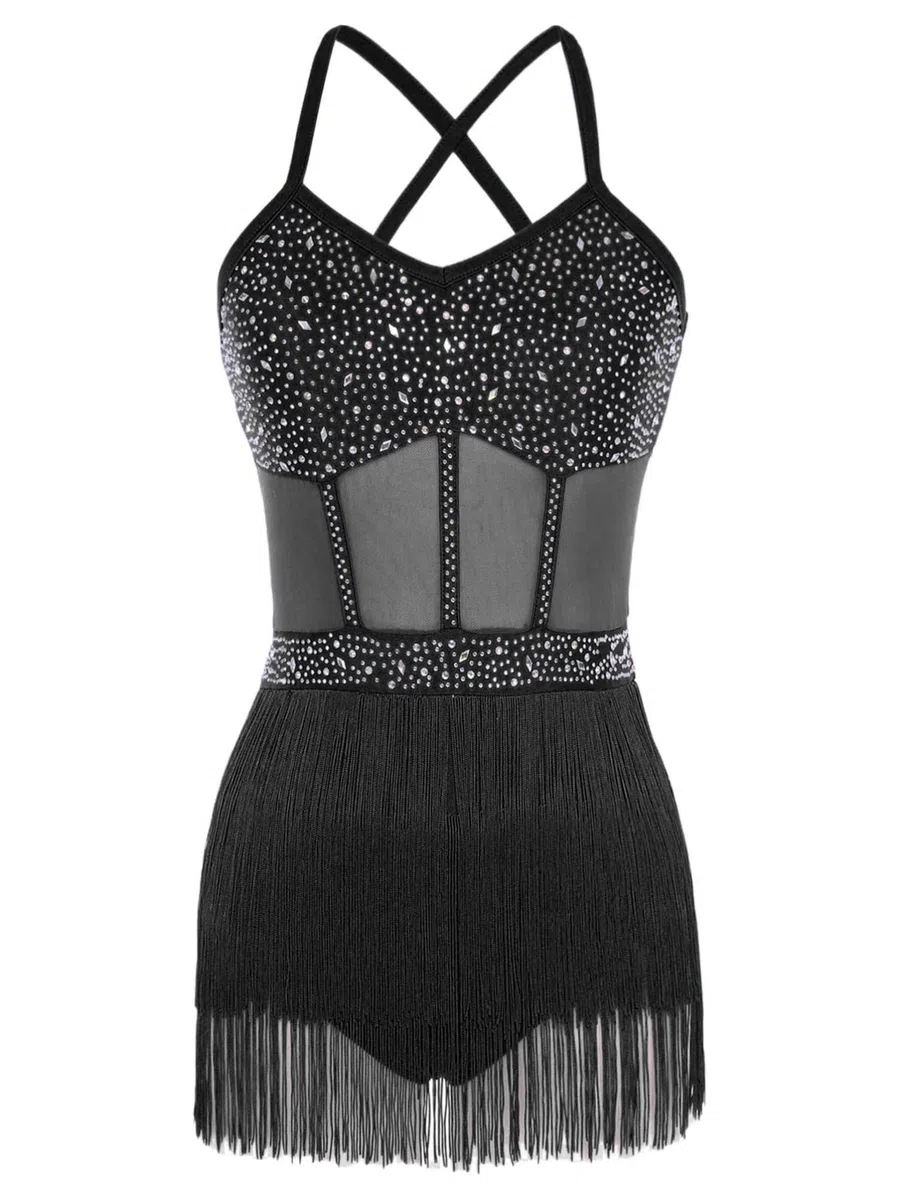 dPois Vestito da Ballo Latino Americano Tango Donna con Guanti Abito da Pattinaggio Artistico con Frange Nappe Body Ginnastica Ritmica Costume Danza Samba Rumba Salsa
