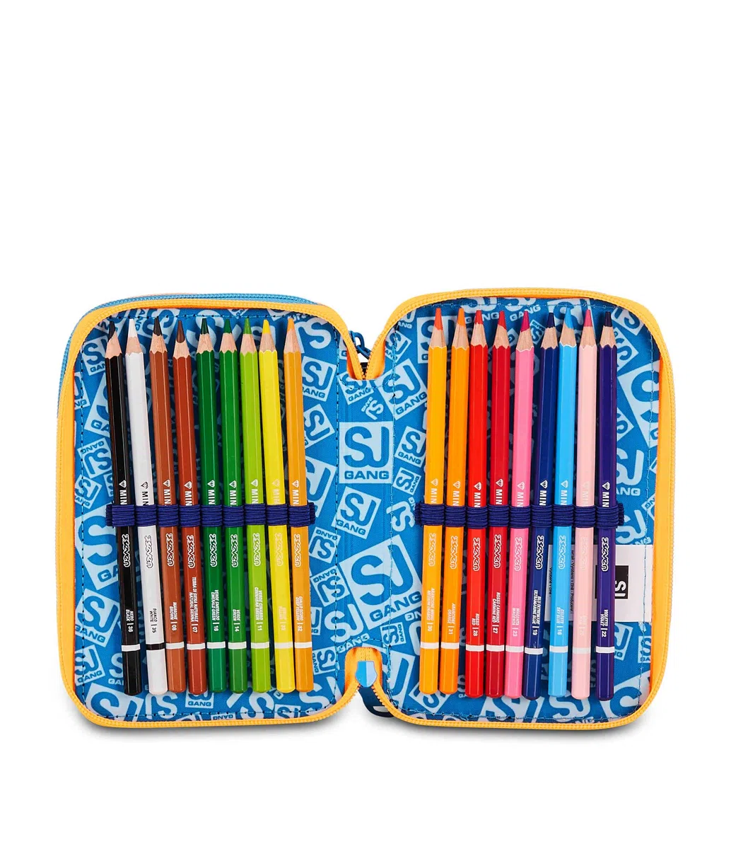 SJ GANG STYLE JAM GANG Astuccio Scuola 3 zip JOYFUL PINS BOY, Blu, Triplo Scomparto, 45 pezzi, Portapenne Attrezzato, Completo di matite, penne e colori, Accessori Zaino, Scuola elementare, Bambino