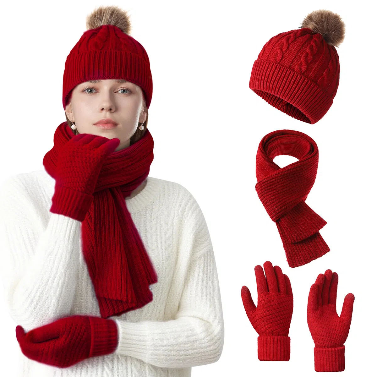 Cuffia, sciarpa e set di guanti, guanti touchscreen, cappello caldo da uomo, 3 in 1, guanto lavorato a maglia, sciarpa lunga, in lana ispessita e morbida