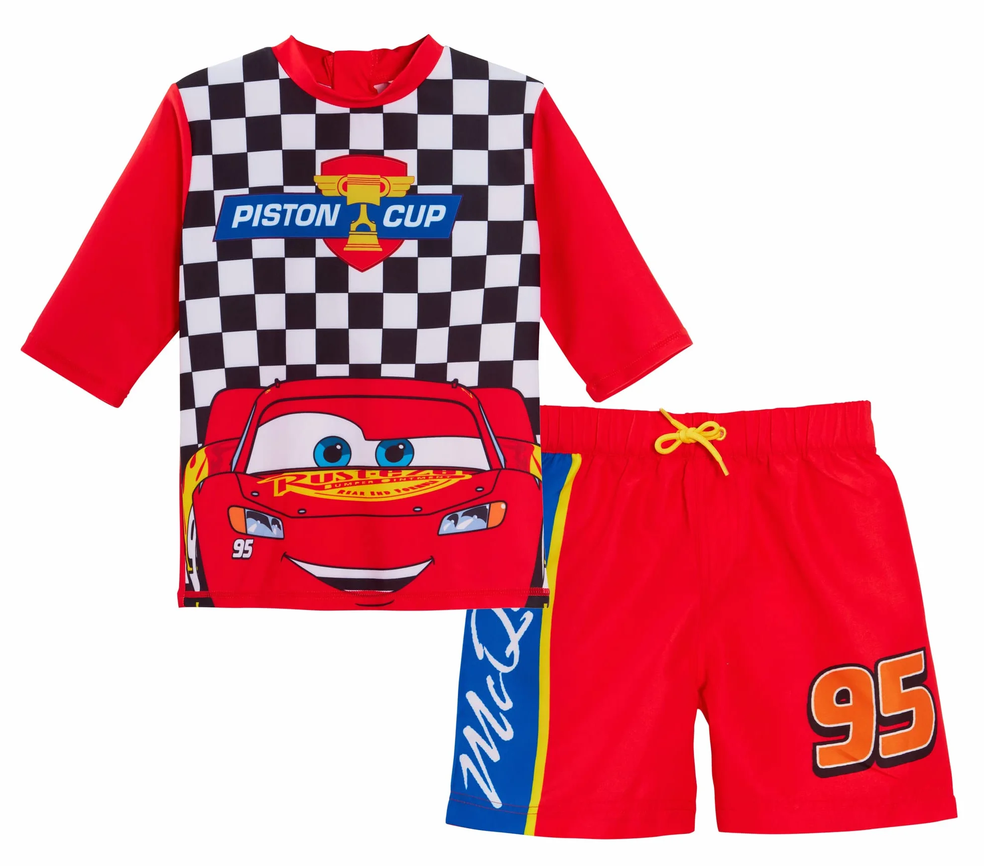 Disney Pantaloncini da Bagno per Ragazzi Cars + Rash Vest Lighting McQueen Set da Bagno in 2 Pezzi Top da Surf per Bambini + Pantaloncini da Surf Set da Nuoto
