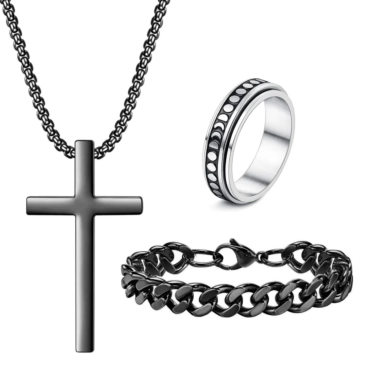 3 Pezzi Set di gioielli da uomo Collana con ciondolo a croce in acciaio inox Bracciale a catena cubano anello rotante Regali per uomini ragazzi