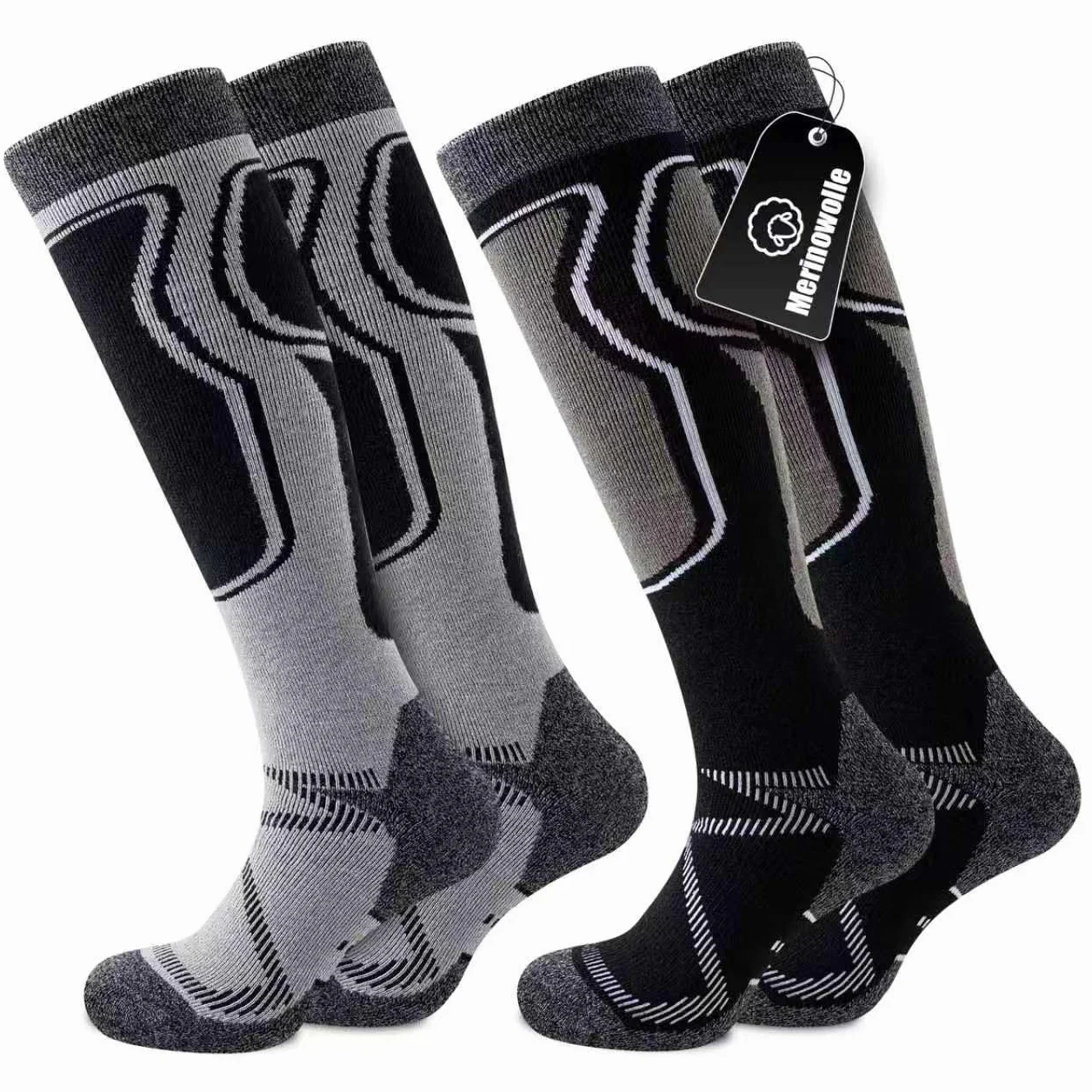 2 Paia Calze da Sci Uomo Donna Lana Merino Invernali, Spesse Termiche Traspiranti, Isolamento Termico Spugna Integrale, Outdoor Trekking