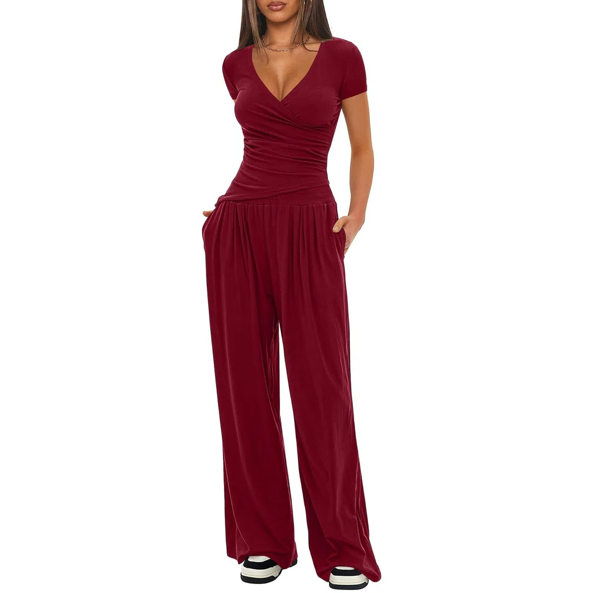 LIAMERHE Set Due Pezzi Donna Estivo Casual Manica Corta Scollo a V a Portafoglio e Pantaloni Larghi a Vita Alta con Tasche Tuta Sportiva Elegante Completo Loungewear e Abbigliamento da Casa
