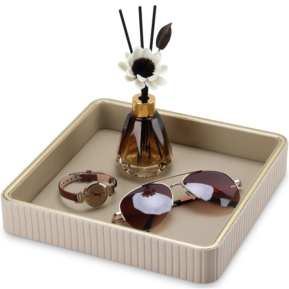 GORESE Svuotatasche,Vassoio Portaoggetti in Pelle Vassoio Decorativo Porta Gioielli Vassoi Chiavi Vassoi da Letto Organizzatore da Scrivania per Chiavi,Occhiali,Profumo,Orologio,Gioielli,Beaute(Beige)