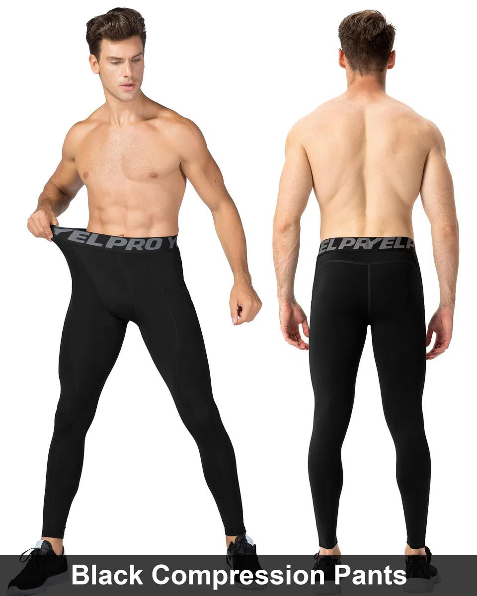 Yuerlian Leggings a compressione da uomo, leggings da corsa, pantaloni da palestra con tasche, freschi e asciutti, per allenamento, sport, palestra, yoga, calcio, ciclismo