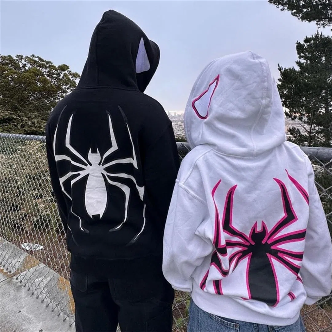 Felpa con Cappuccio Oversize Spider da Uomo Grunge Vintage Y2K Clothes Full Zip Spider Web Printing Vintage Gothic Sweatjacke Unisex