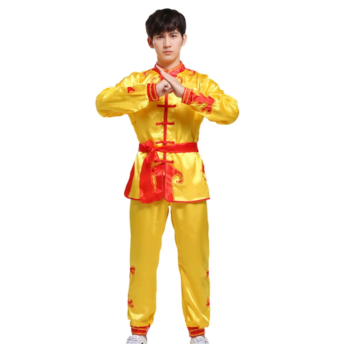 Completo da Kung Fu da uomo, per arti marziali cinesi, con camicia e pantaloni, costume tradizionale Tang, Giallo, X-Large