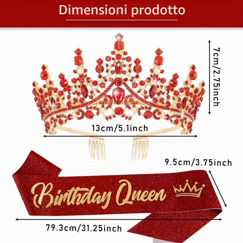 Rosso Fascia per Compleanno Ragazza Tiara, Oro Rosso Tiara Regina, Regalo Compleanno, Corona di Cristallo Tiara per I Compleanni Delle Ragazze