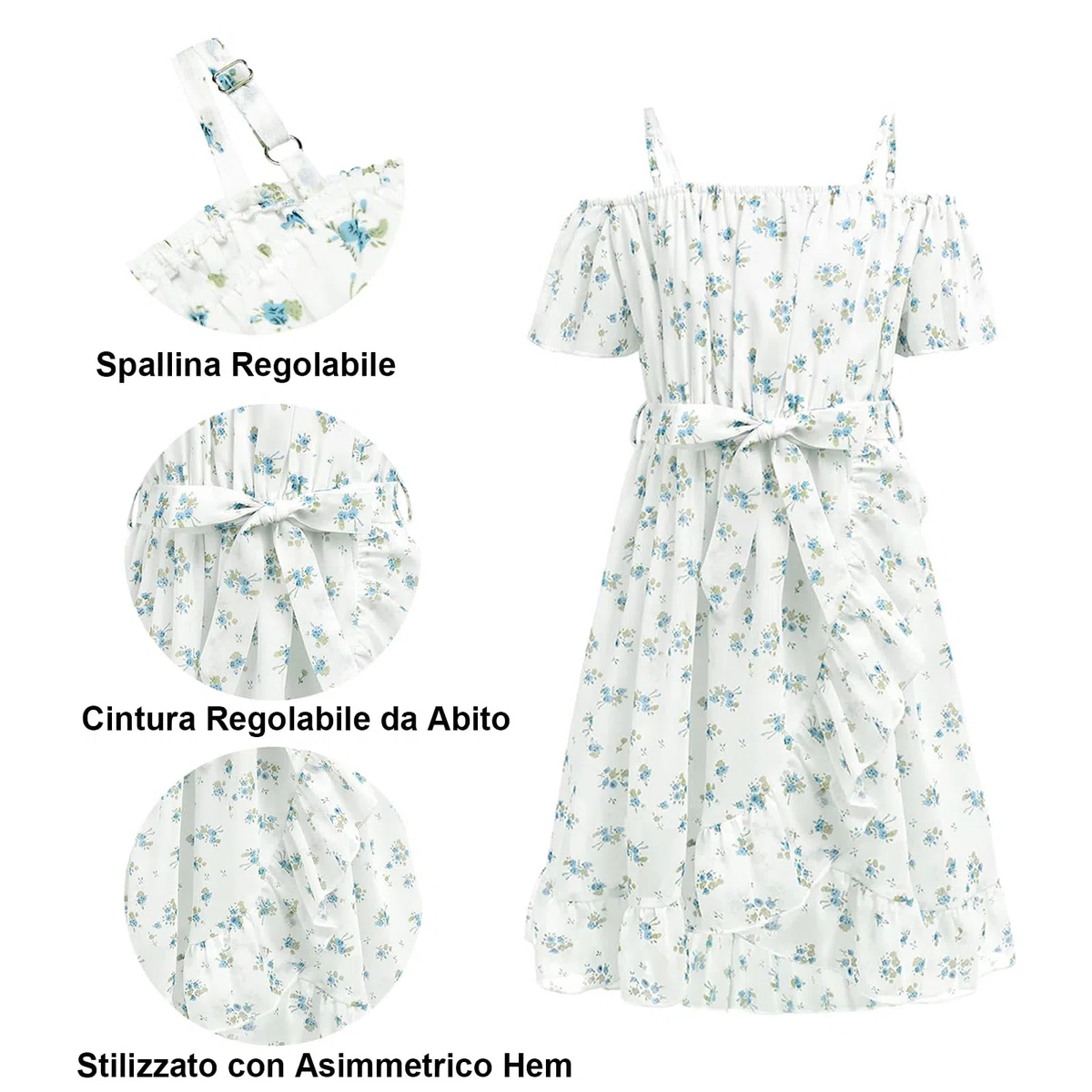 Estate Vestito Bambina,Vestito di Chiffon con Fiori Senza Spalline con Cintura Regolabile,Casual Manica con Volant Corte per Vestito Bambine 6 ai 14 Anni