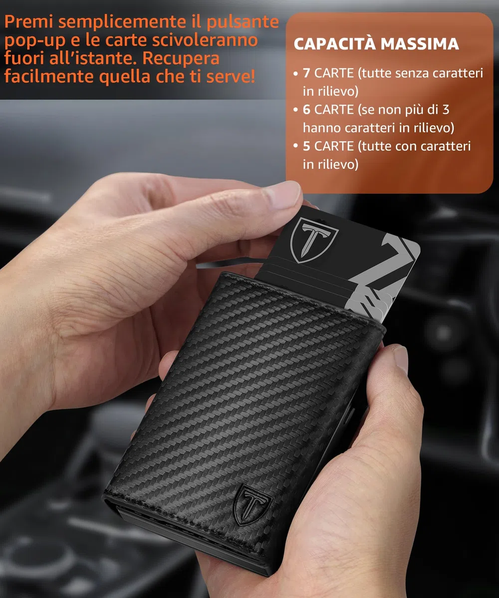 TEEHON Portafoglio Uomo Slim RFID Blocking, Magnetica Fibra di Carbonio Porta Carte di Credito Uomo - ID Window, Tasca Portamonete con Cerniera, Scomparto per Banconota (Classico, Nero Arancione)