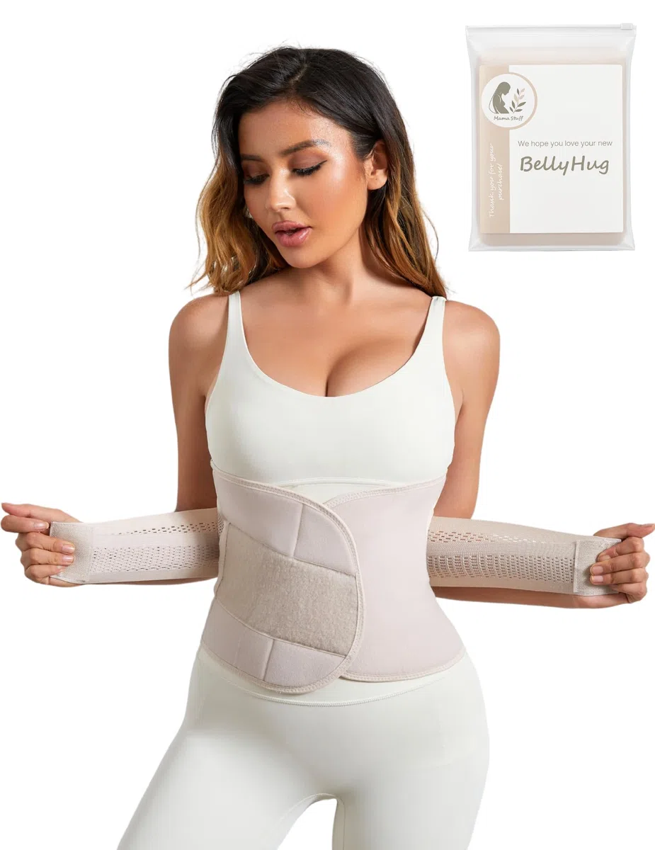 BellyHug – Fascia Post Parto per Recupero Addominale | Pancera Contenitiva Ideale Dopo Cesareo, Compressione Regolabile e Traspirante (Beige, L)