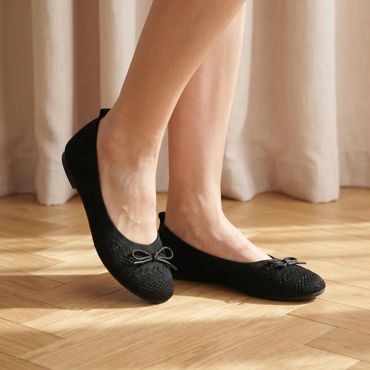 Ballerine da donna in tessuto con fiocco, antiscivolo, tipo manoletina ultra morbide