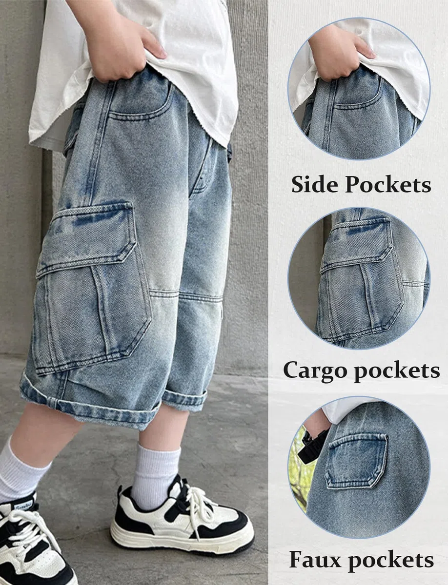 SEAUR Bermuda Baggy Bambino Pantaloncini Jeans Ragazzo Gamba Larga Jean Shorts a Vita Elasticizzata con Tasche Pantaloni Corti Estivi 5-15 Anni