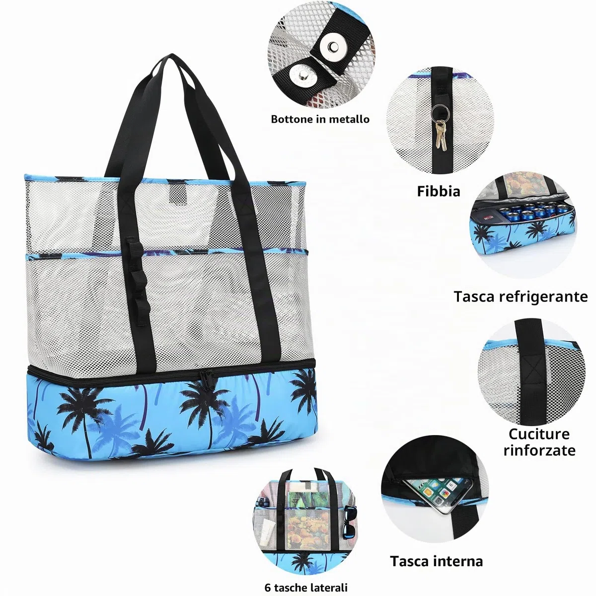 Borsa Mare in Rete Donna Grande Famiglia Borsa Frigo Mare Spiaggia Uomo Borsa Elegante e Resistente con Bottone Magnetico per Shopper Giocattoli Spiaggia Viaggio Vacanze