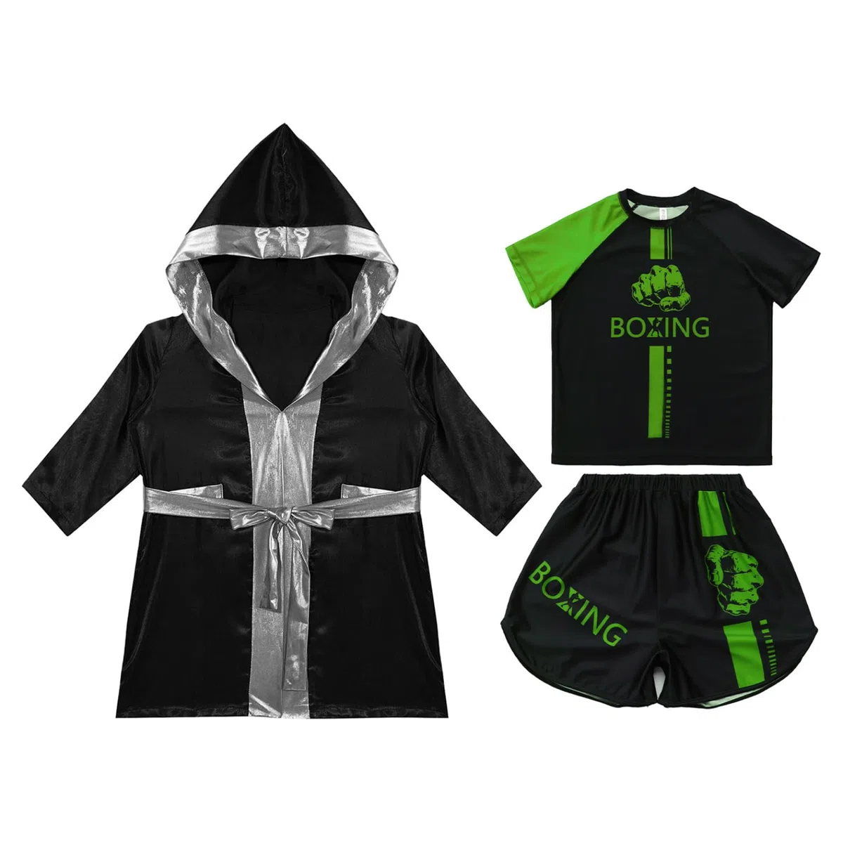 Bambini Ragazzo Completo Accappatoio Pantaloncini da Boxe E Tshirt Vestito con Cappuccio Kick Boxing Combattimento Muay Thai MMA Abbigliamento Sportivo
