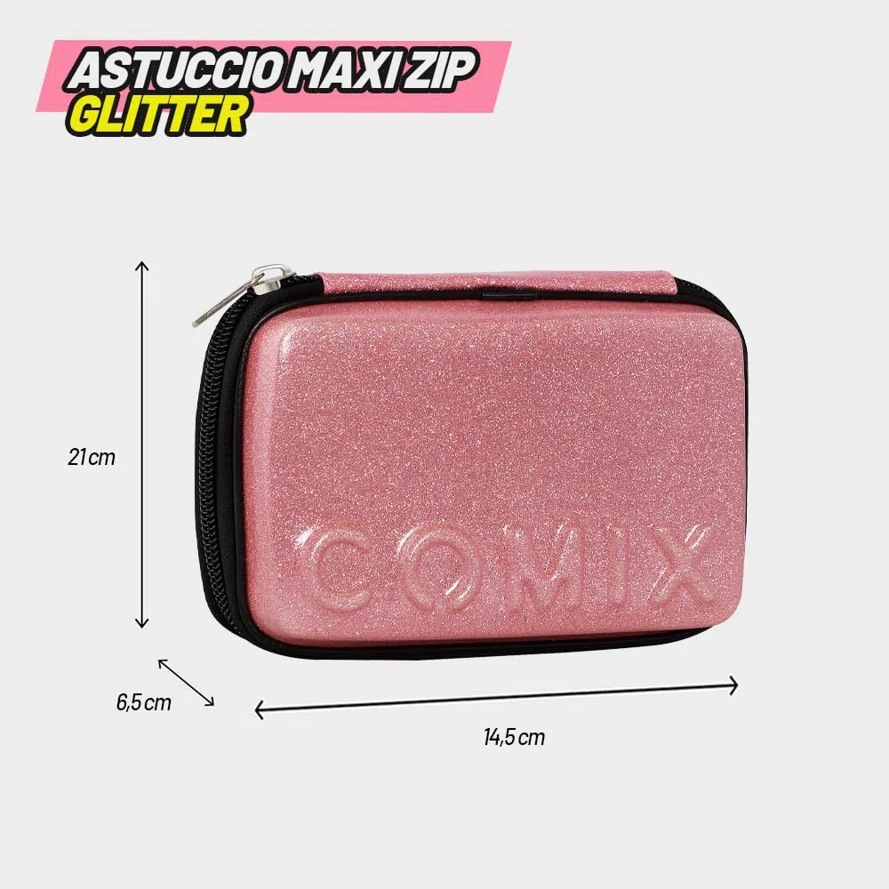 COMIX - Astuccio Scuola, Astuccio Maxi Zip per Bambini e Ragazzi, con Set Cancelleria Incluso, Cover Rigida con Maxi Logo in Rilievo e Tirazip in Metallo, 14,5 x 21h x 6,5 cm