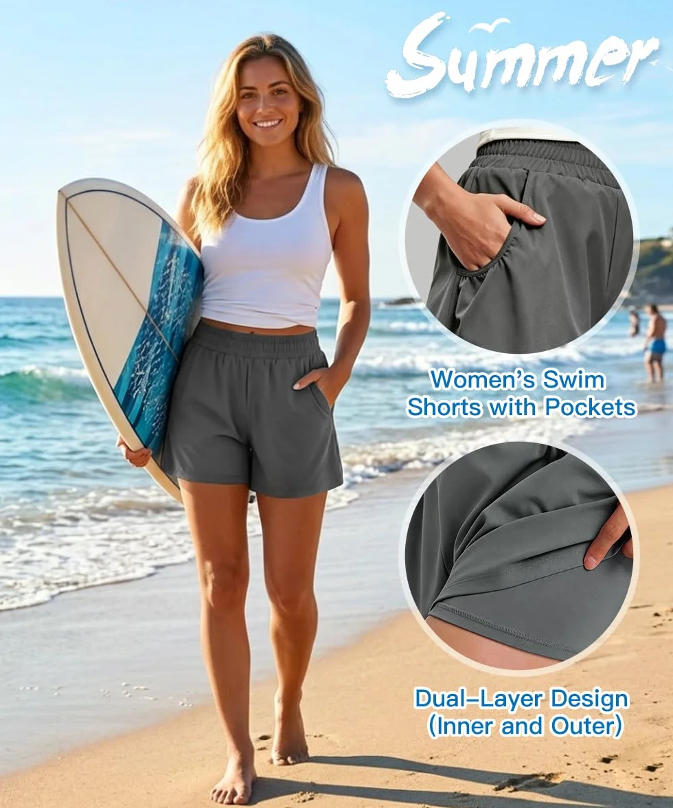Costume da bagno da donna, a vita alta, con tasche, ad asciugatura rapida, boxer Liner UPF50+ UVA, bikini da donna, per spiaggia e sport acquatici