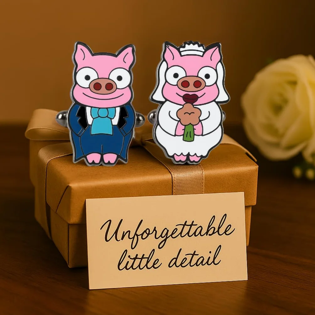 Gemelli divertenti con maialini smaltati a mano per camicia – Coppia di maiale sposo e sposa con dettagli – Accessorio unico per matrimoni, eventi formali e celebrazioni