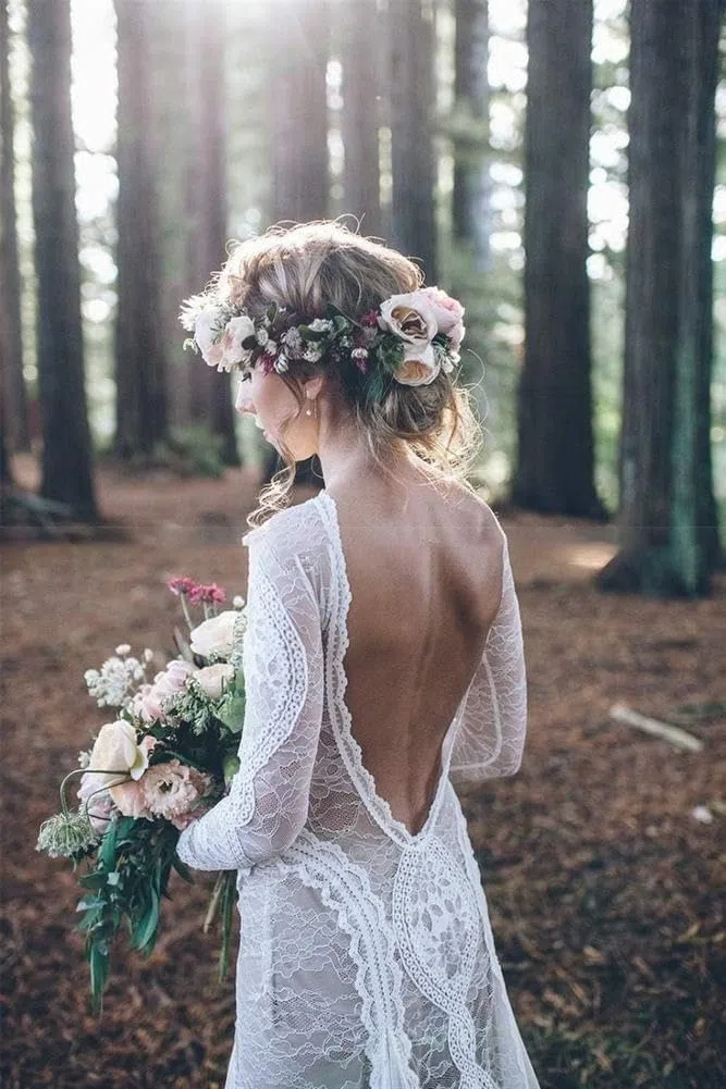 Elegante Abito da Sposa Vintage in Pizzo Senza Schienale Boho Beach Abiti da Sposa Eleganti Manica Lunga Fodera Nuda Abiti da Sposa Bohémien Country,Bianca,40