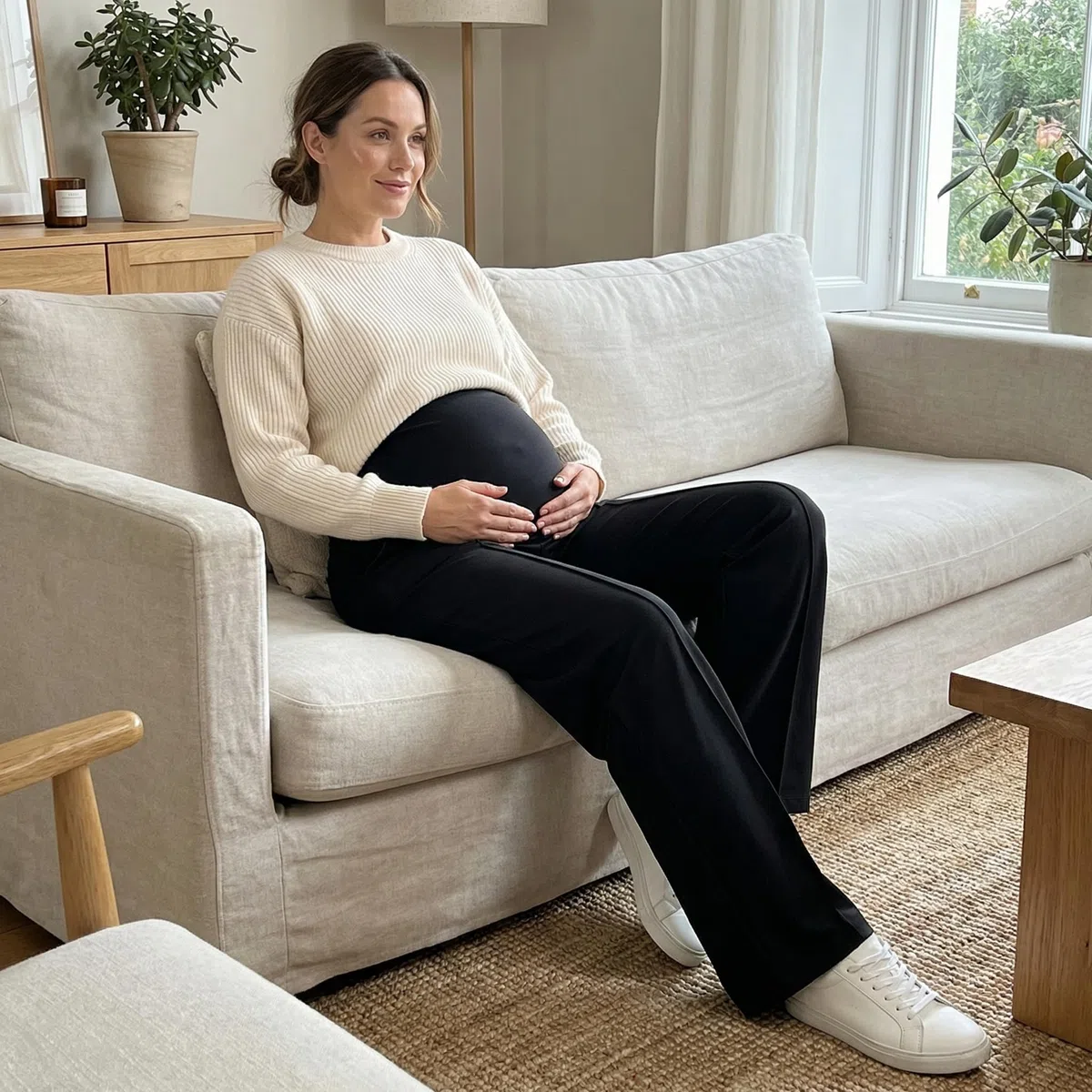 Pantaloni Premaman da Donna a Gamba Larga, Comodi Pantaloni da Salotto, Morbidi Pantaloni Premaman a Palazzo con Tasche