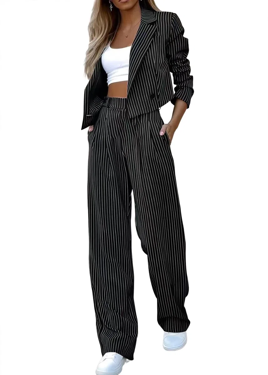 Tailleur Donna Pantaloni e Giacca 2 Pezzi Strisce Completo Business Ufficio Blazer con Colletto a Revers e Pantaloni Dritta a Vita Alta Tailleurs Casuale Chic Tuta Completa