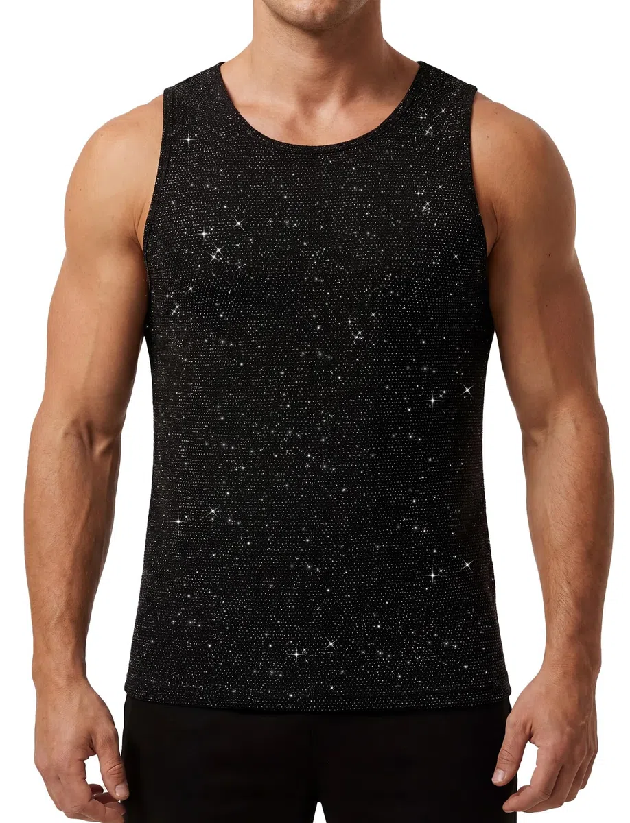 AIEOE Canottiera da uomo con glitter, maglietta a rete, senza maniche, scollo rotondo, sexy, per discoteca, bar, festival