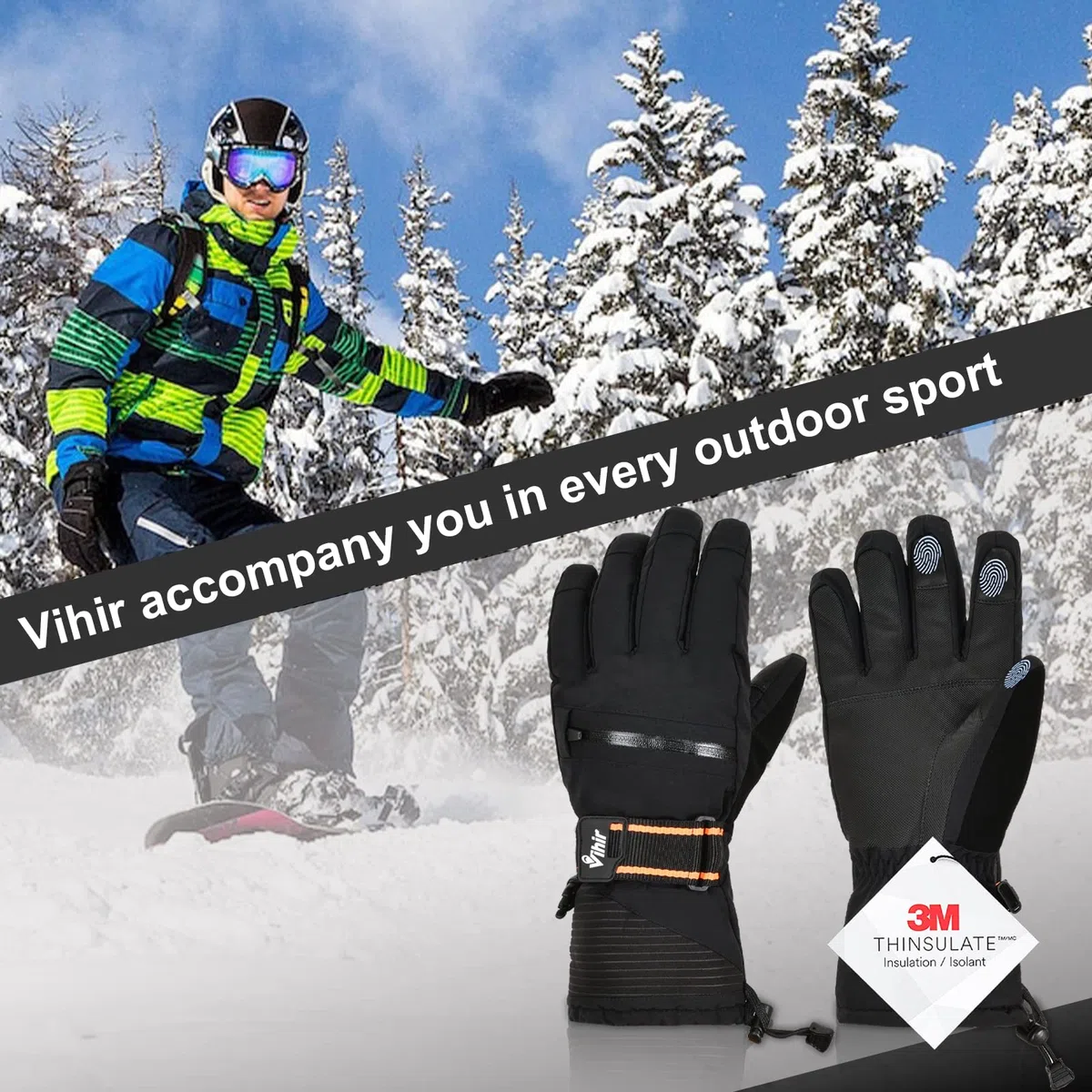 Vihir Guanti da Sci, Guanti da Snowboard Impermeabili Touchscreen 3M Thinsulate, Guanti Caldi da Ciclismo Invernali per Uomo Donna, Guanti Antiscivolo per Sci, Snowboard, Ciclismo, Arrampicata